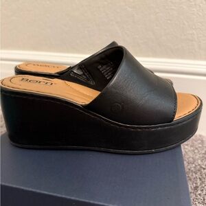 Born Black Leather Platform Wedge Slides